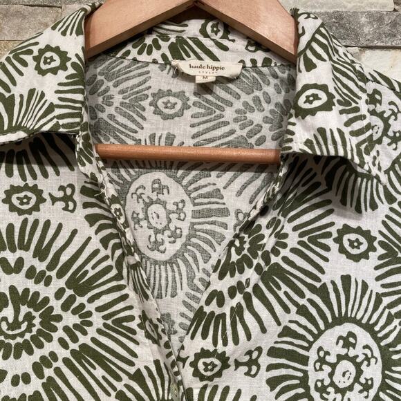 Haute Hippie Green Sunburst Blouse, M | Linen Blend, Tie-Front, Boho Luxe NWOT - Picture 3 of 9